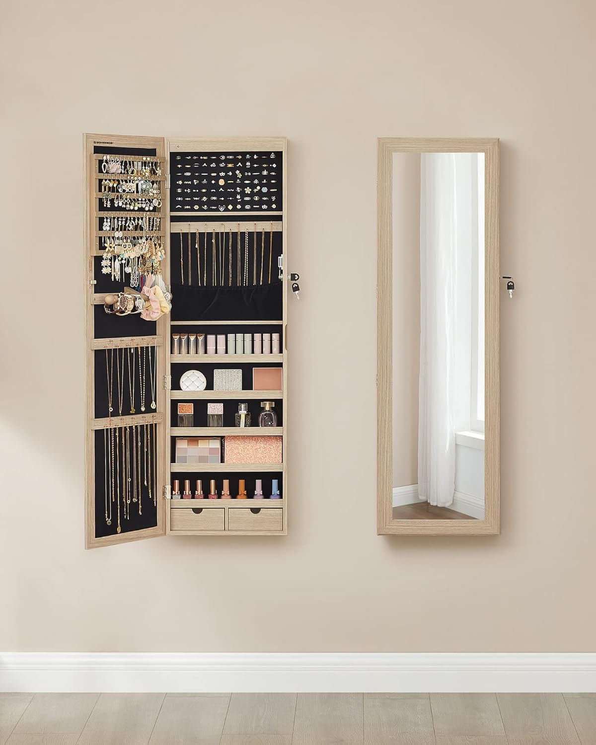 Dulap pentru bijuterii cu oglinda, montare pe perete sau usa, material MDF, inchidere cu cheie, 120x37x10 cm, stejar — imaginea 7