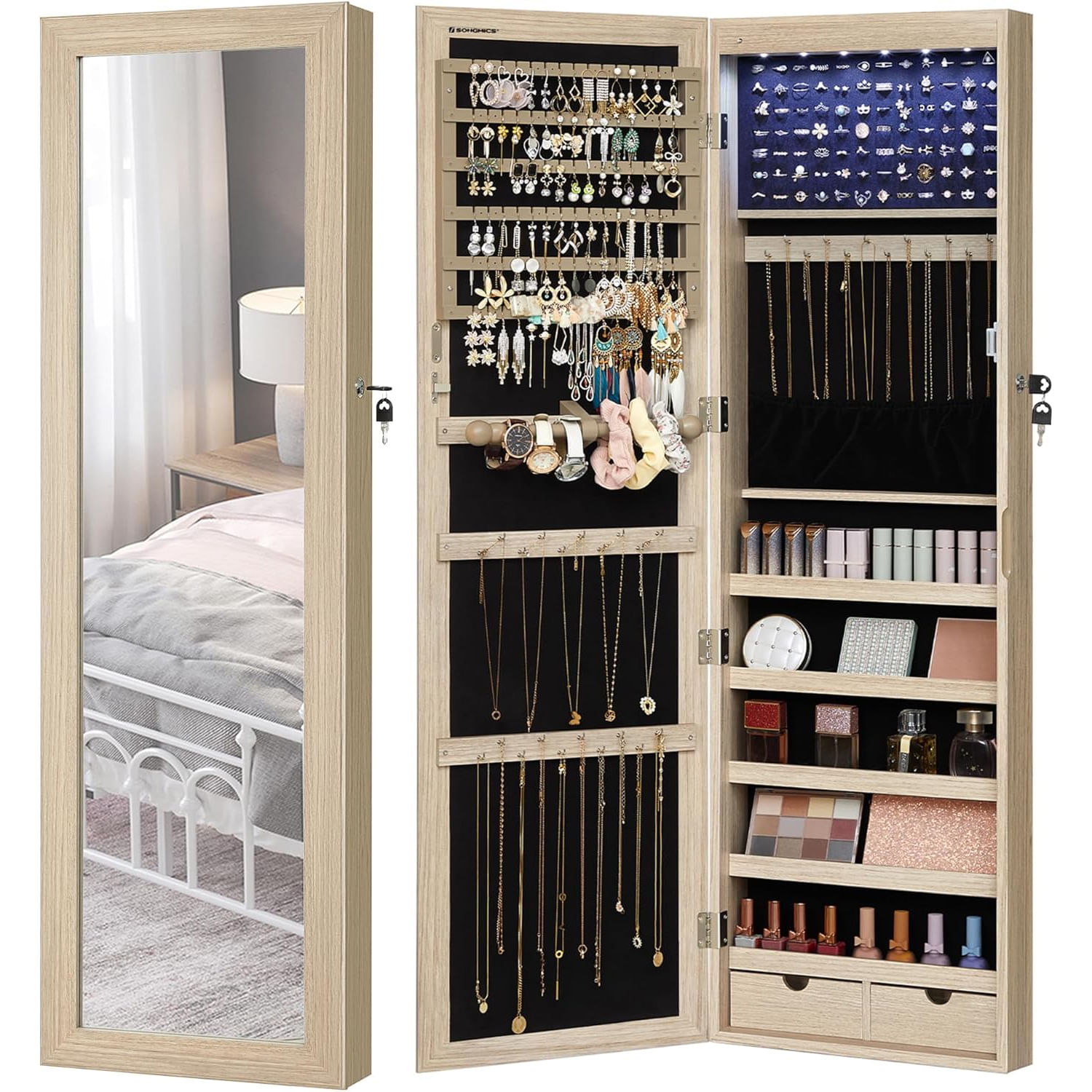Dulap pentru bijuterii cu oglinda, montare pe perete sau usa, material MDF, inchidere cu cheie, 120x37x10 cm, stejar — imaginea 9