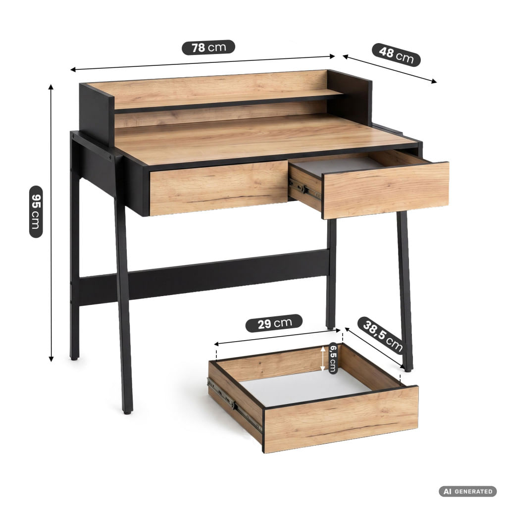 Birou compact, MDF melaminat, cu 2 sertare si raft, cadru metalic, 78x48x95 cm, stejar craft si negru — imaginea 2