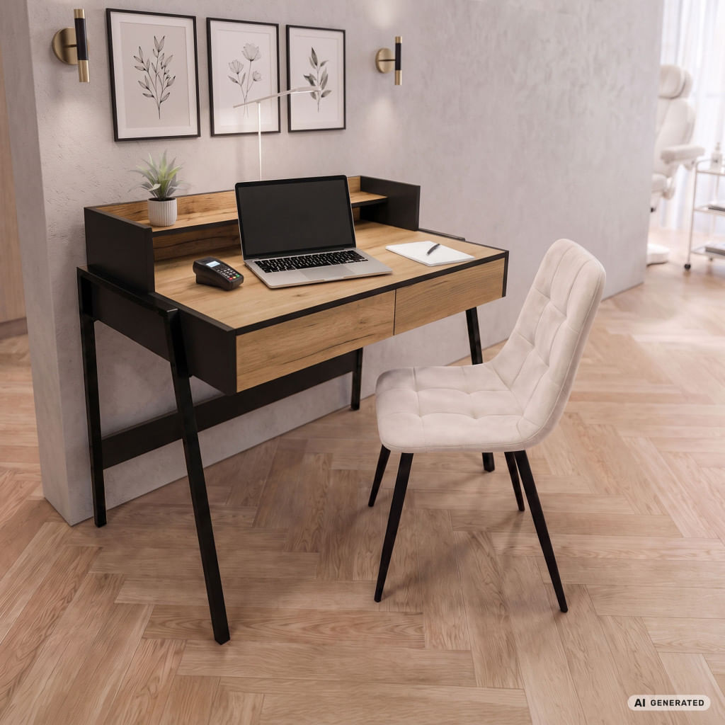 Birou compact, MDF melaminat, cu 2 sertare si raft, cadru metalic, 78x48x95 cm, stejar craft si negru — imaginea 3