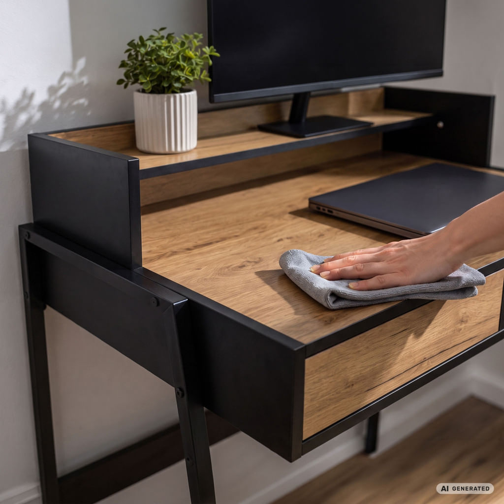 Birou compact, MDF melaminat, cu 2 sertare si raft, cadru metalic, 78x48x95 cm, stejar craft si negru — imaginea 4