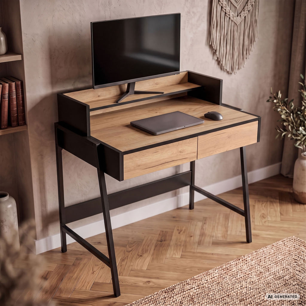 Birou compact, MDF melaminat, cu 2 sertare si raft, cadru metalic, 78x48x95 cm, stejar craft si negru — imaginea 5