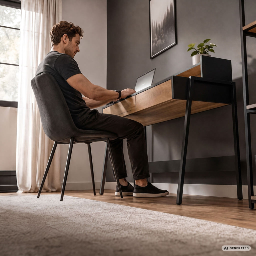 Birou compact, MDF melaminat, cu 2 sertare si raft, cadru metalic, 78x48x95 cm, stejar craft si negru — imaginea 6
