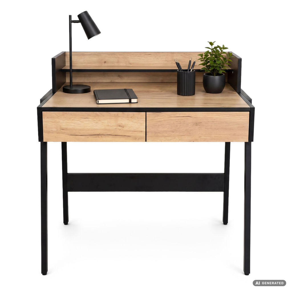 Birou compact, MDF melaminat, cu 2 sertare si raft, cadru metalic, 78x48x95 cm, stejar craft si negru — imaginea 7