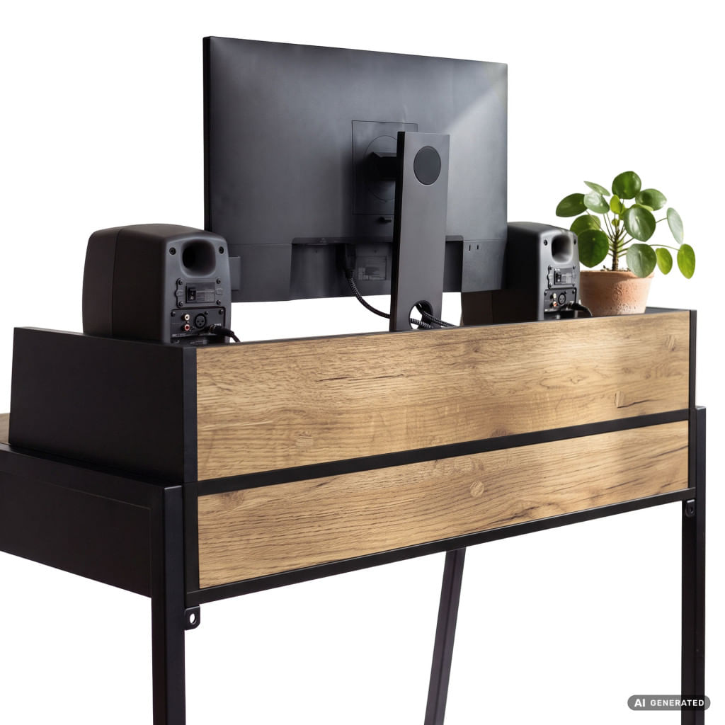 Birou compact, MDF melaminat, cu 2 sertare si raft, cadru metalic, 78x48x95 cm, stejar craft si negru — imaginea 8