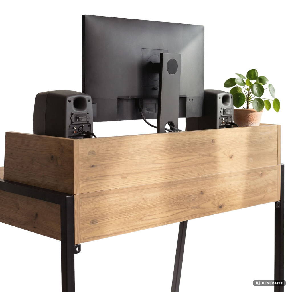 Birou compact, MDF melaminat, cu 2 sertare si raft, cadru metalic, 78x48x95 cm, stejar artisan — imaginea 3