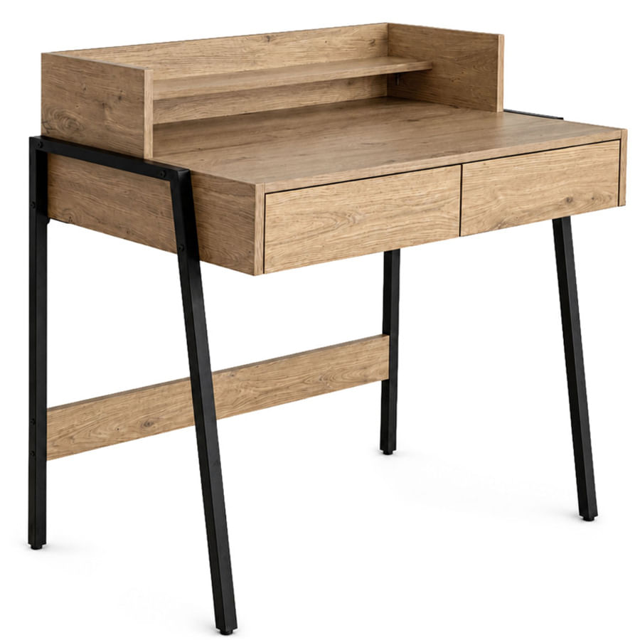 Birou compact, MDF melaminat, cu 2 sertare si raft, cadru metalic, 78x48x95 cm, stejar artisan — imaginea 4