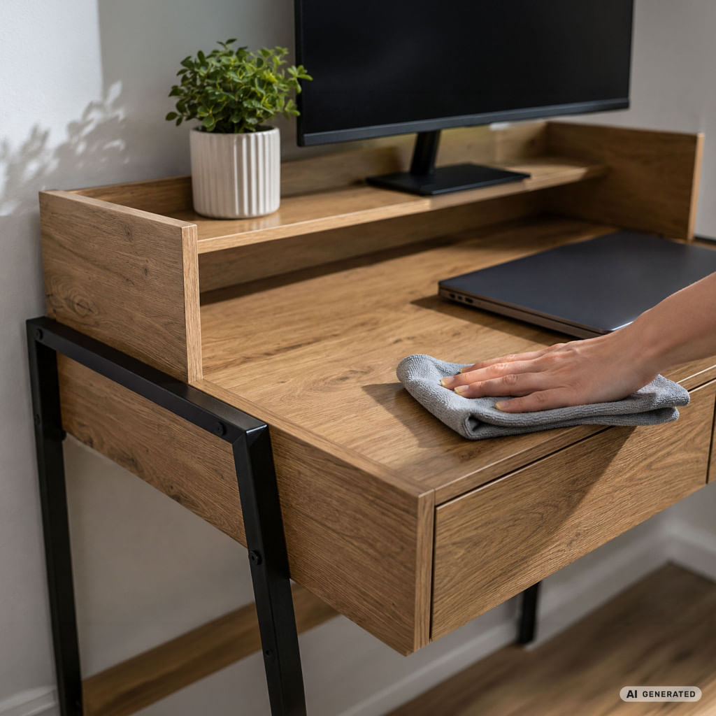 Birou compact, MDF melaminat, cu 2 sertare si raft, cadru metalic, 78x48x95 cm, stejar artisan — imaginea 6