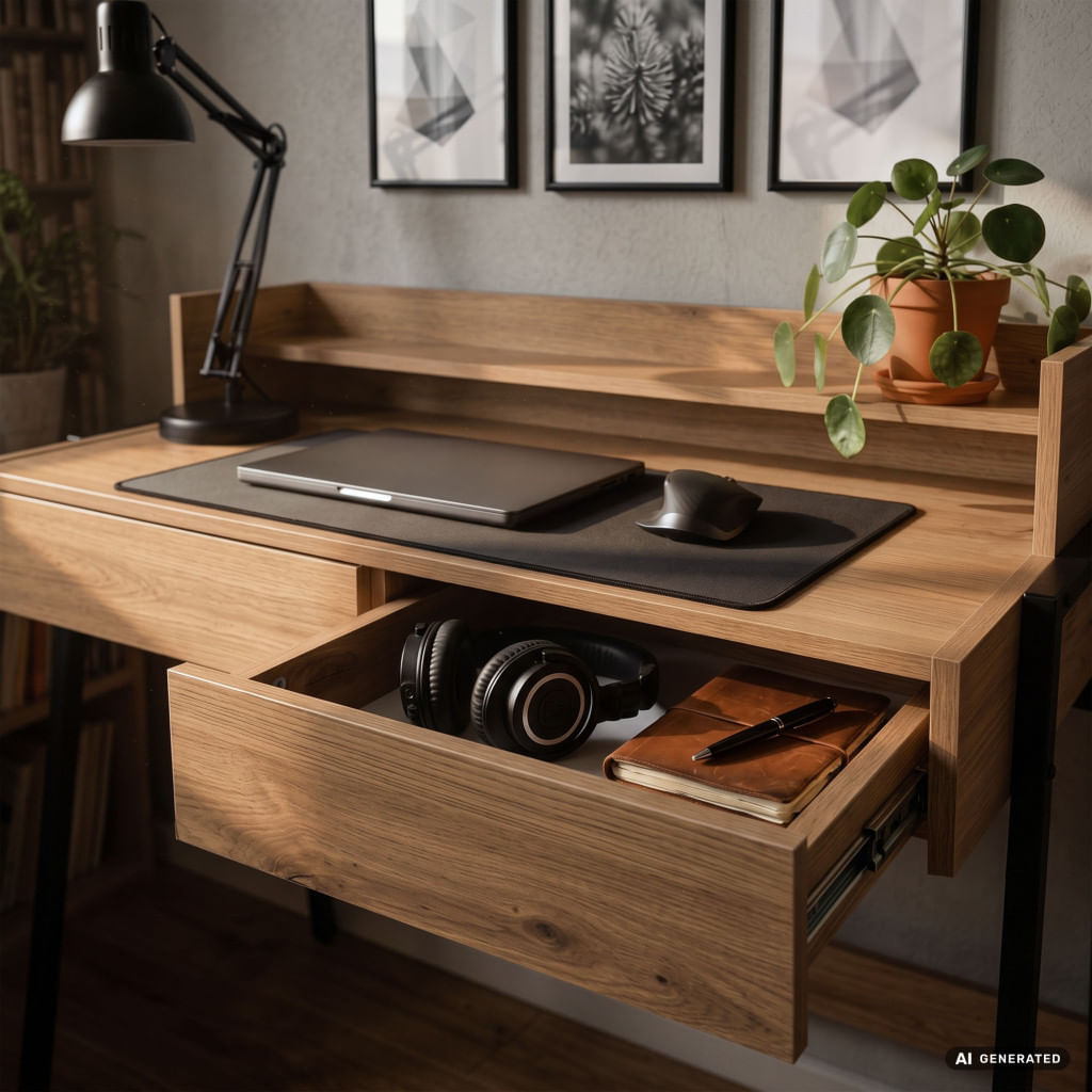 Birou compact, MDF melaminat, cu 2 sertare si raft, cadru metalic, 78x48x95 cm, stejar artisan — imaginea 7