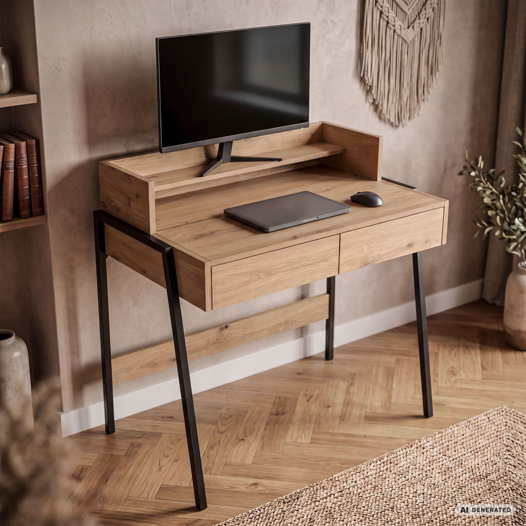 Birou compact, MDF melaminat, cu 2 sertare si raft, cadru metalic, 78x48x95 cm, stejar artisan — imaginea 8