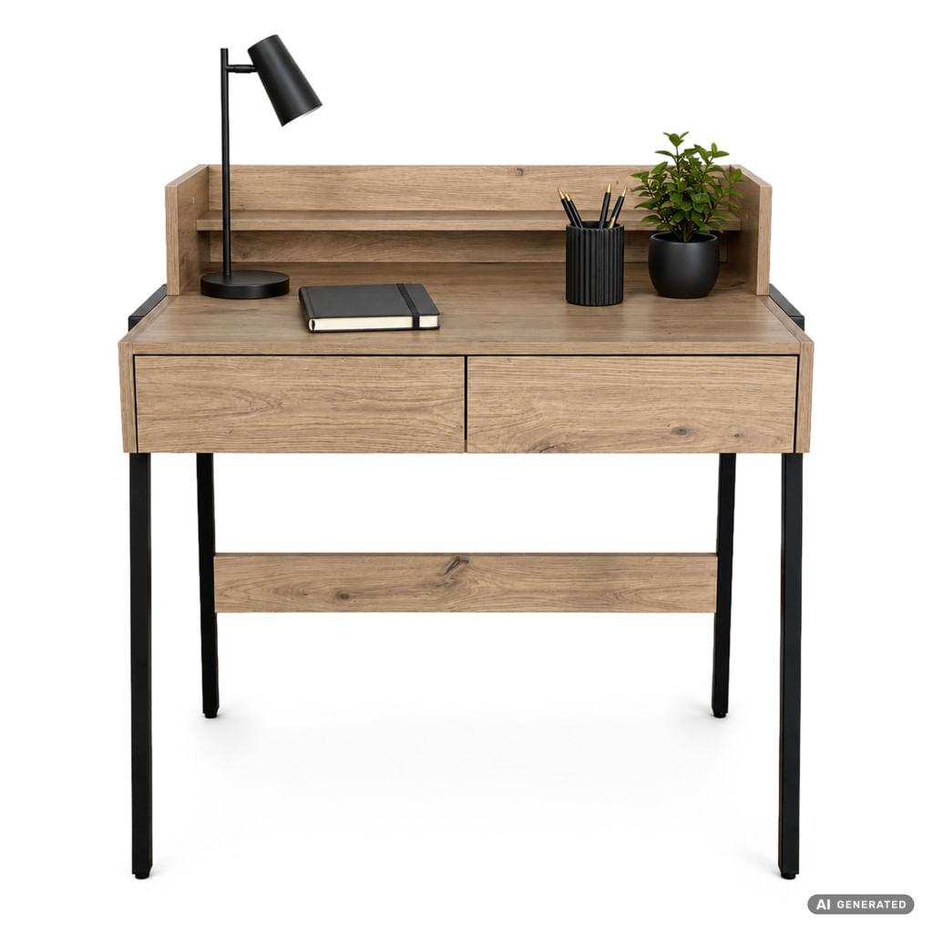 Birou compact, MDF melaminat, cu 2 sertare si raft, cadru metalic, 78x48x95 cm, stejar artisan — imaginea 9
