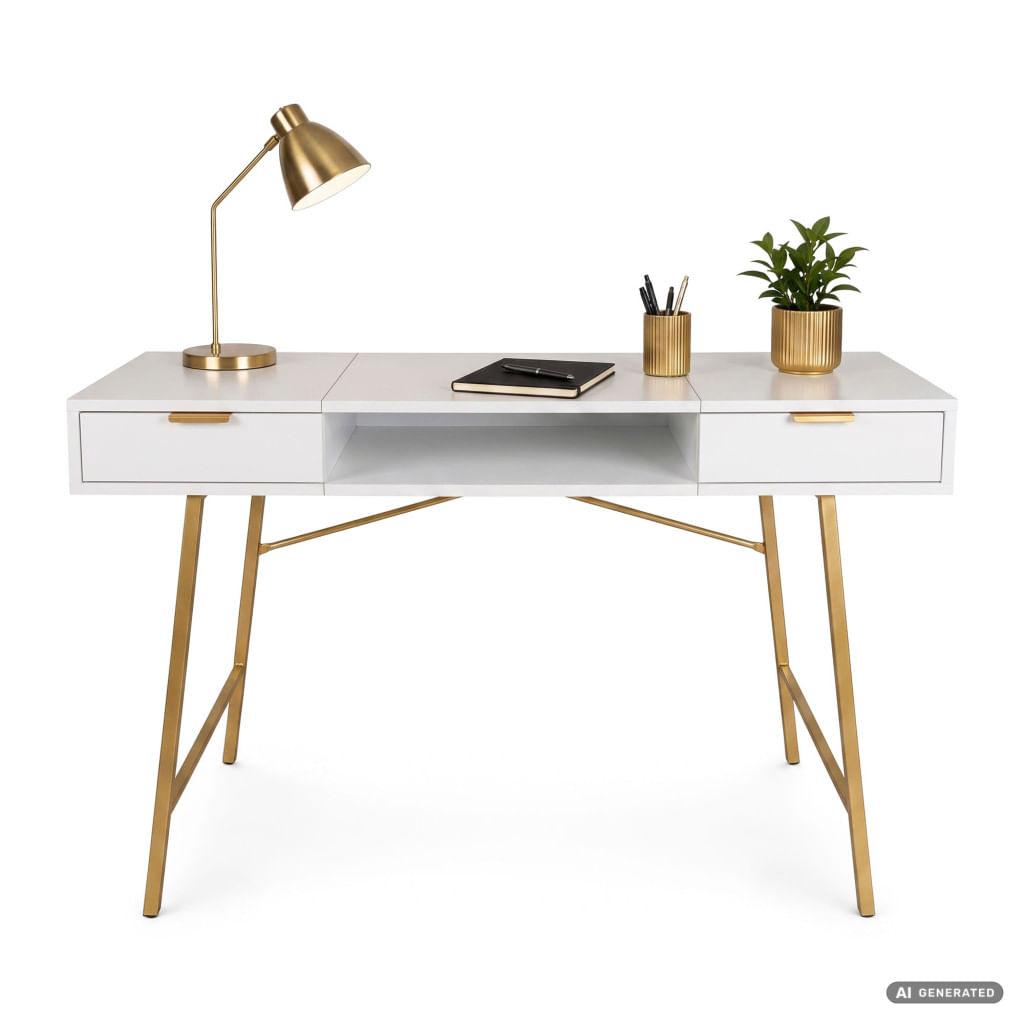 Birou industrial, MDF melaminat, cu 2 sertare si raft, cadru metalic, 120x50x81 cm, alb cu elemente auriu — imaginea 2
