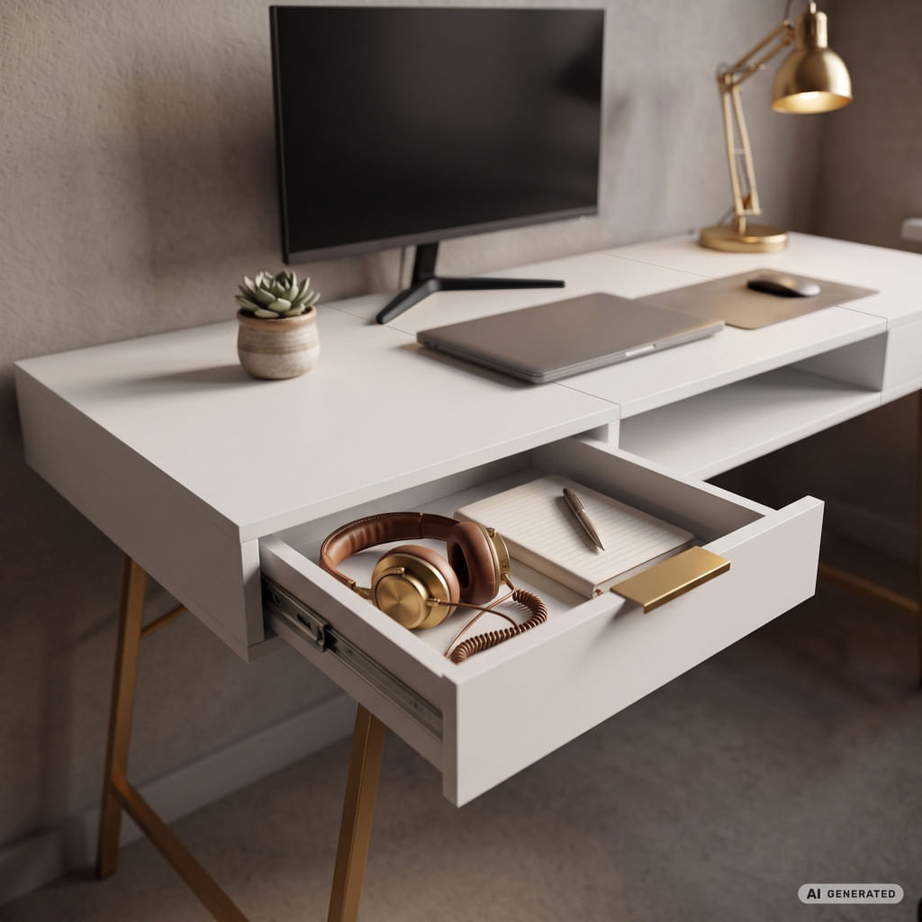 Birou industrial, MDF melaminat, cu 2 sertare si raft, cadru metalic, 120x50x81 cm, alb cu elemente auriu — imaginea 3