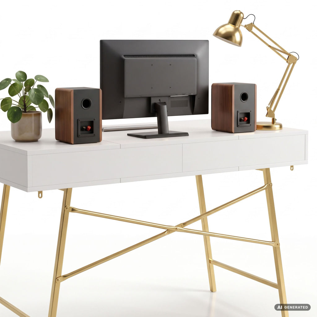 Birou industrial, MDF melaminat, cu 2 sertare si raft, cadru metalic, 120x50x81 cm, alb cu elemente auriu — imaginea 4