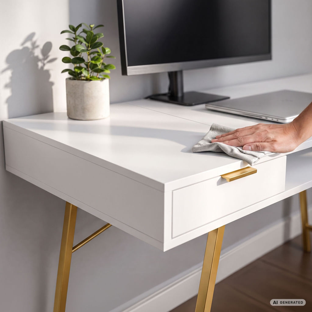 Birou industrial, MDF melaminat, cu 2 sertare si raft, cadru metalic, 120x50x81 cm, alb cu elemente auriu — imaginea 5