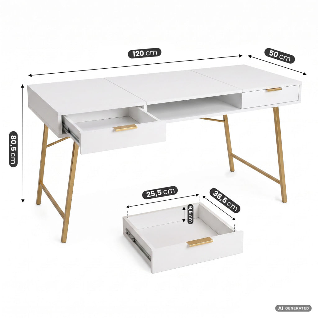 Birou industrial, MDF melaminat, cu 2 sertare si raft, cadru metalic, 120x50x81 cm, alb cu elemente auriu — imaginea 6