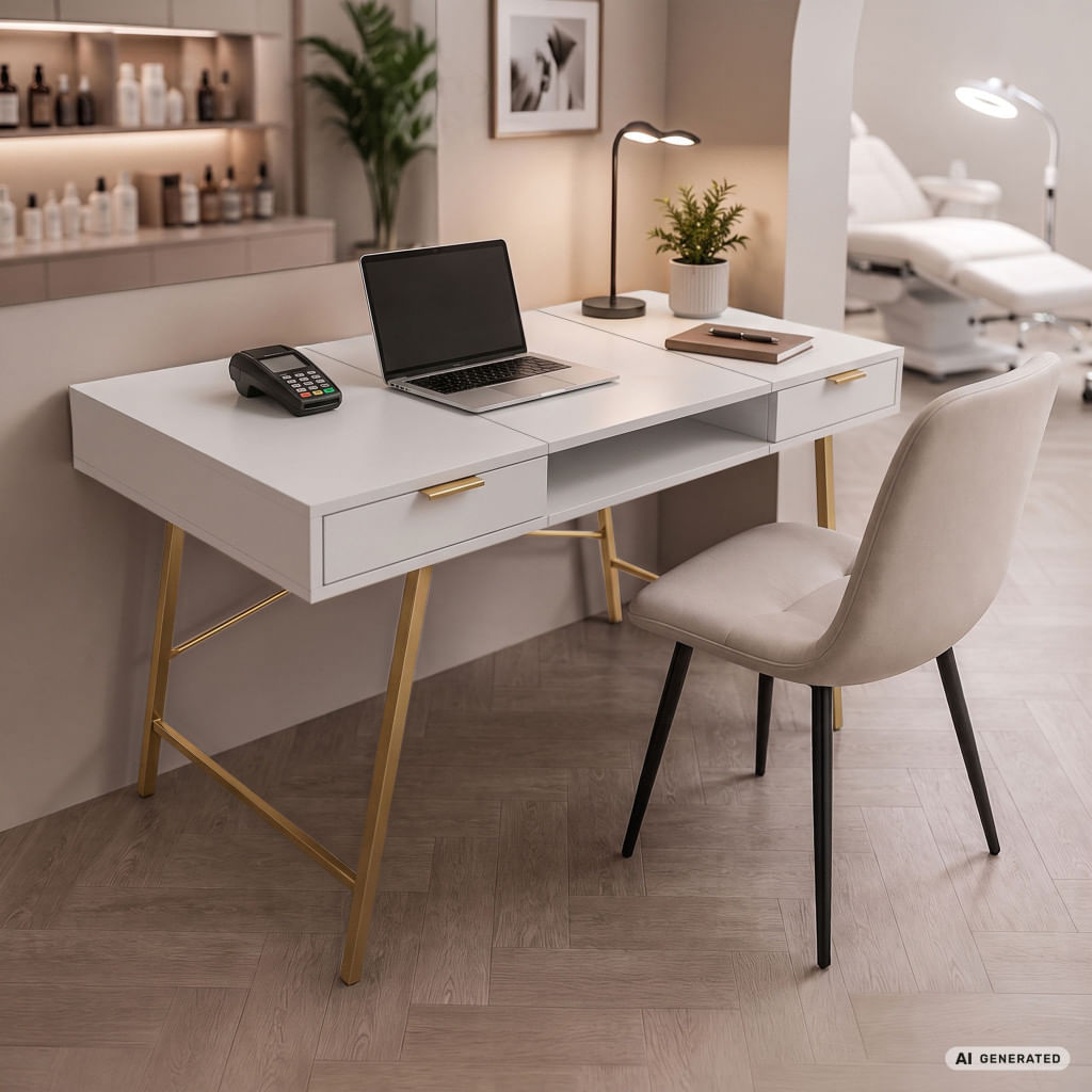 Birou industrial, MDF melaminat, cu 2 sertare si raft, cadru metalic, 120x50x81 cm, alb cu elemente auriu — imaginea 7