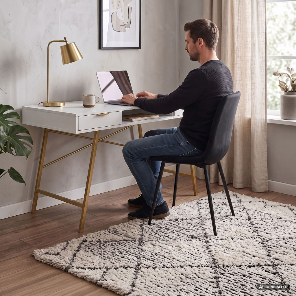 Birou industrial, MDF melaminat, cu 2 sertare si raft, cadru metalic, 120x50x81 cm, alb cu elemente auriu — imaginea 8