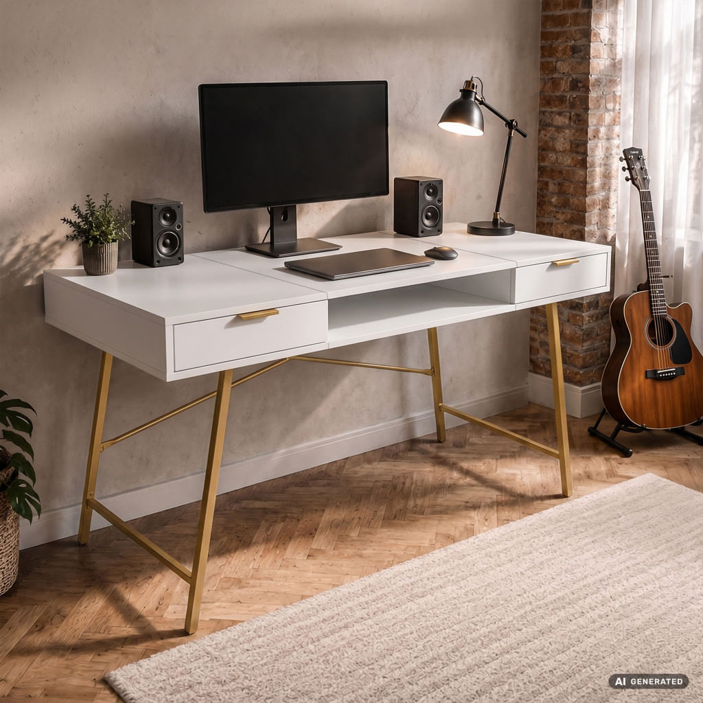 Birou industrial, MDF melaminat, cu 2 sertare si raft, cadru metalic, 120x50x81 cm, alb cu elemente auriu — imaginea 9