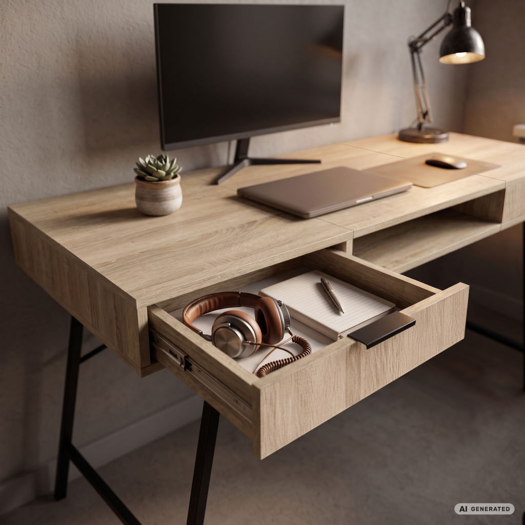 Birou industrial, MDF melaminat, cu 2 sertare si raft, cadru metalic, 120x50x81 cm, stejar sonoma — imaginea 3