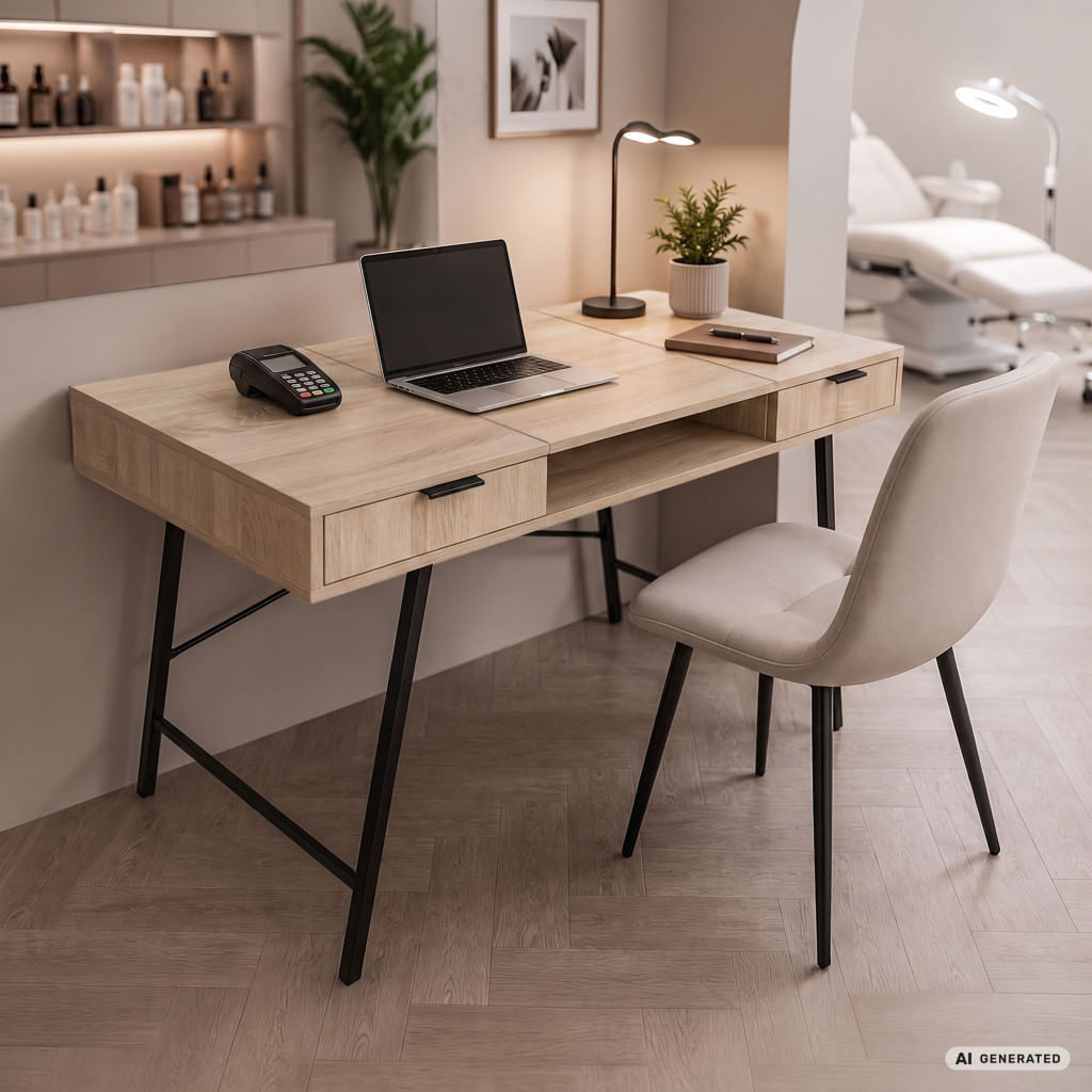 Birou industrial, MDF melaminat, cu 2 sertare si raft, cadru metalic, 120x50x81 cm, stejar sonoma — imaginea 4
