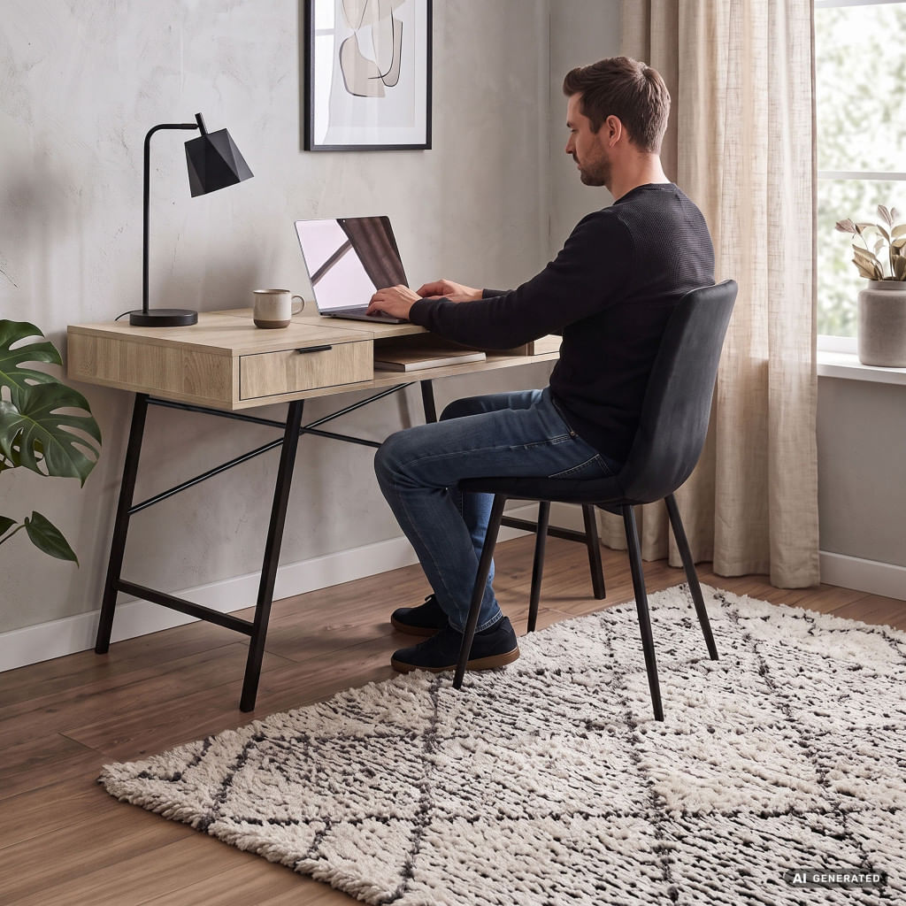 Birou industrial, MDF melaminat, cu 2 sertare si raft, cadru metalic, 120x50x81 cm, stejar sonoma — imaginea 5