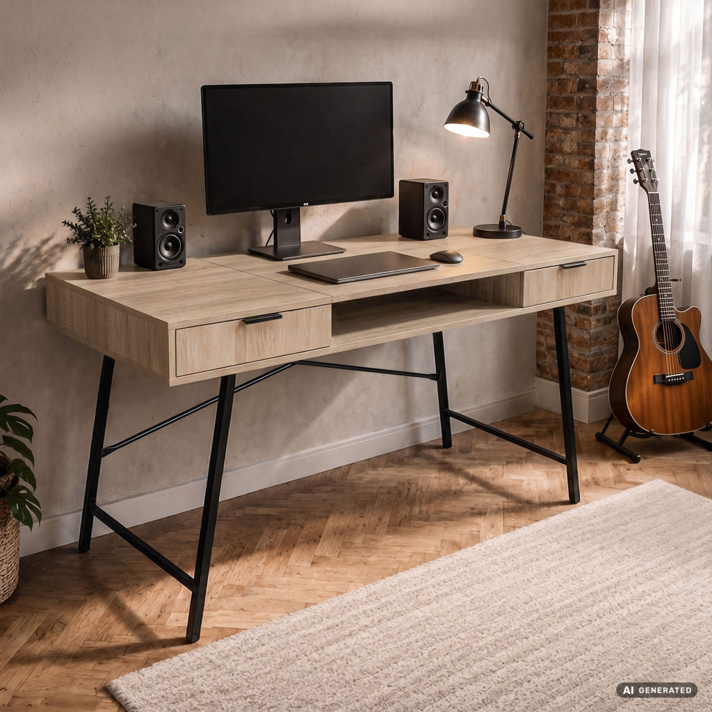 Birou industrial, MDF melaminat, cu 2 sertare si raft, cadru metalic, 120x50x81 cm, stejar sonoma — imaginea 6