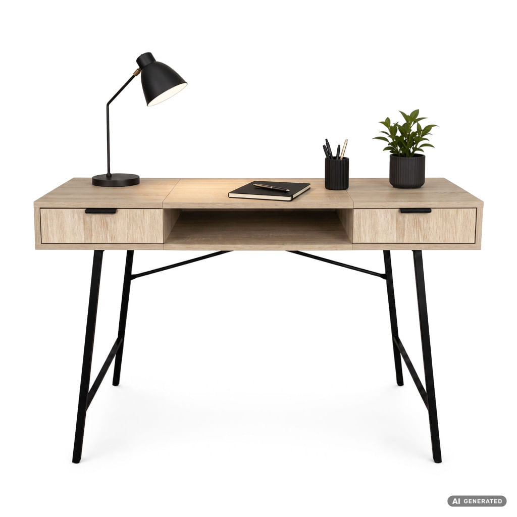 Birou industrial, MDF melaminat, cu 2 sertare si raft, cadru metalic, 120x50x81 cm, stejar sonoma — imaginea 7