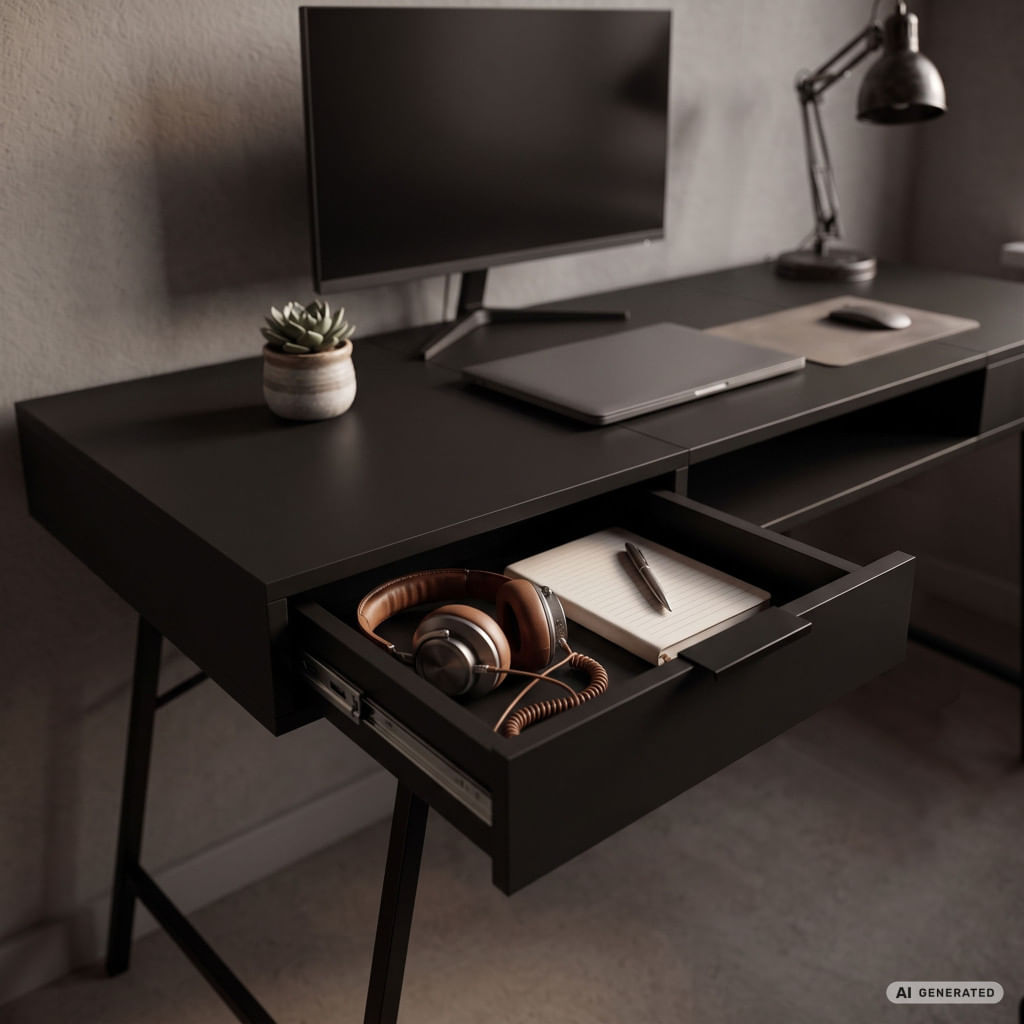 Birou industrial, MDF melaminat, cu 2 sertare si raft, cadru metalic, 120x50x81 cm, negru — imaginea 3