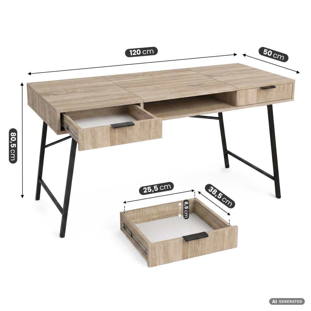 Birou industrial, MDF melaminat, cu 2 sertare si raft, cadru metalic, 120x50x81 cm, stejar sonoma — imaginea 8
