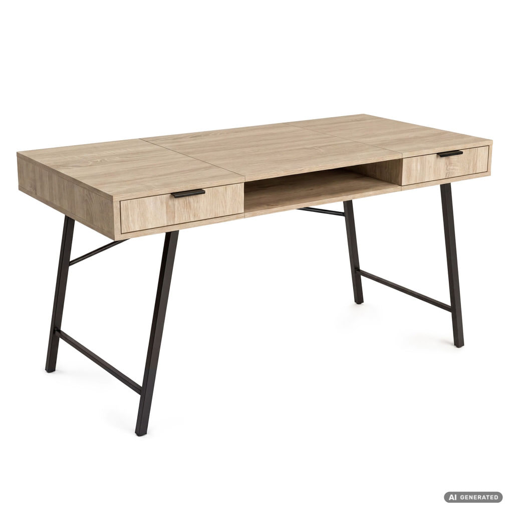 Birou industrial, MDF melaminat, cu 2 sertare si raft, cadru metalic, 120x50x81 cm, stejar sonoma — imaginea 9