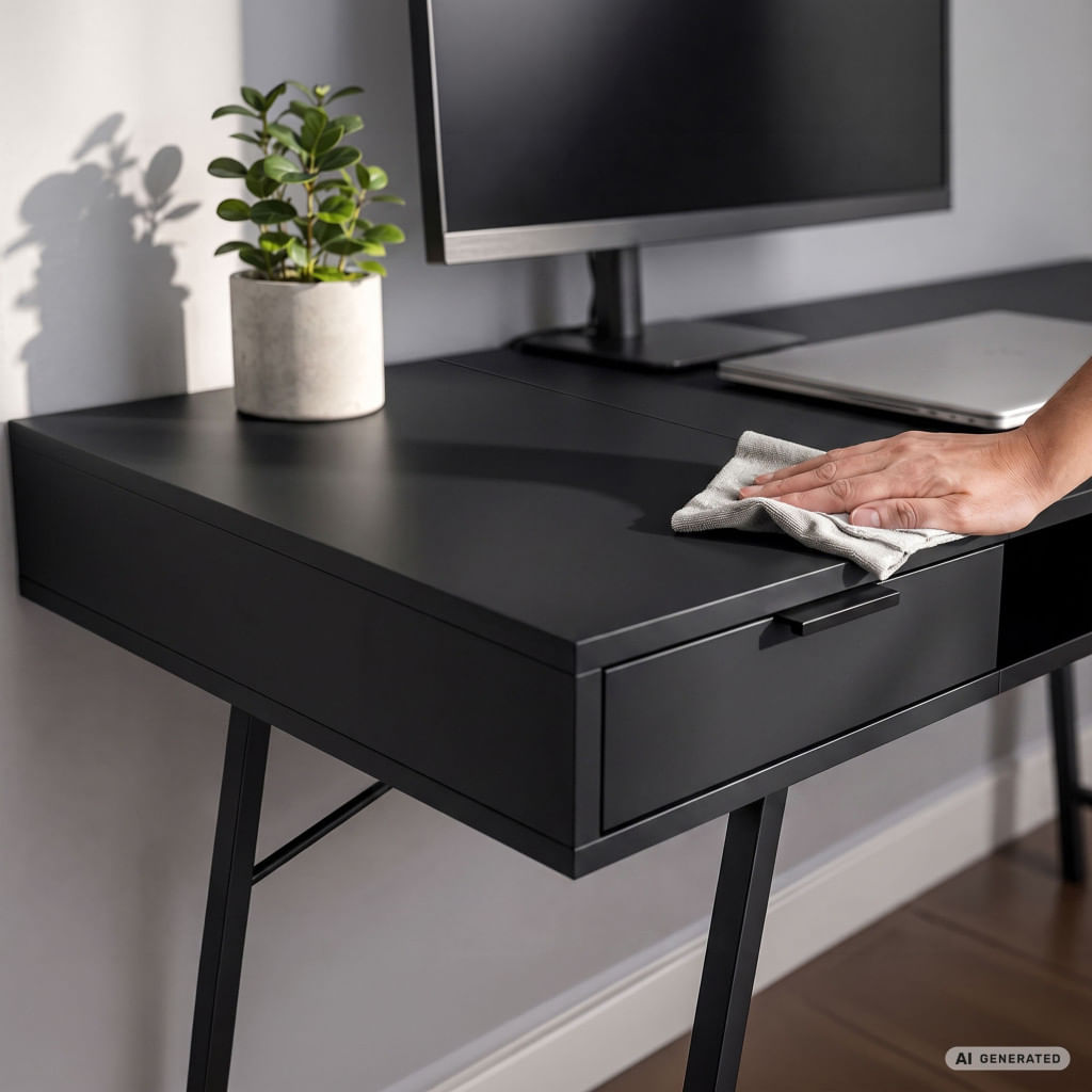 Birou industrial, MDF melaminat, cu 2 sertare si raft, cadru metalic, 120x50x81 cm, negru — imaginea 5