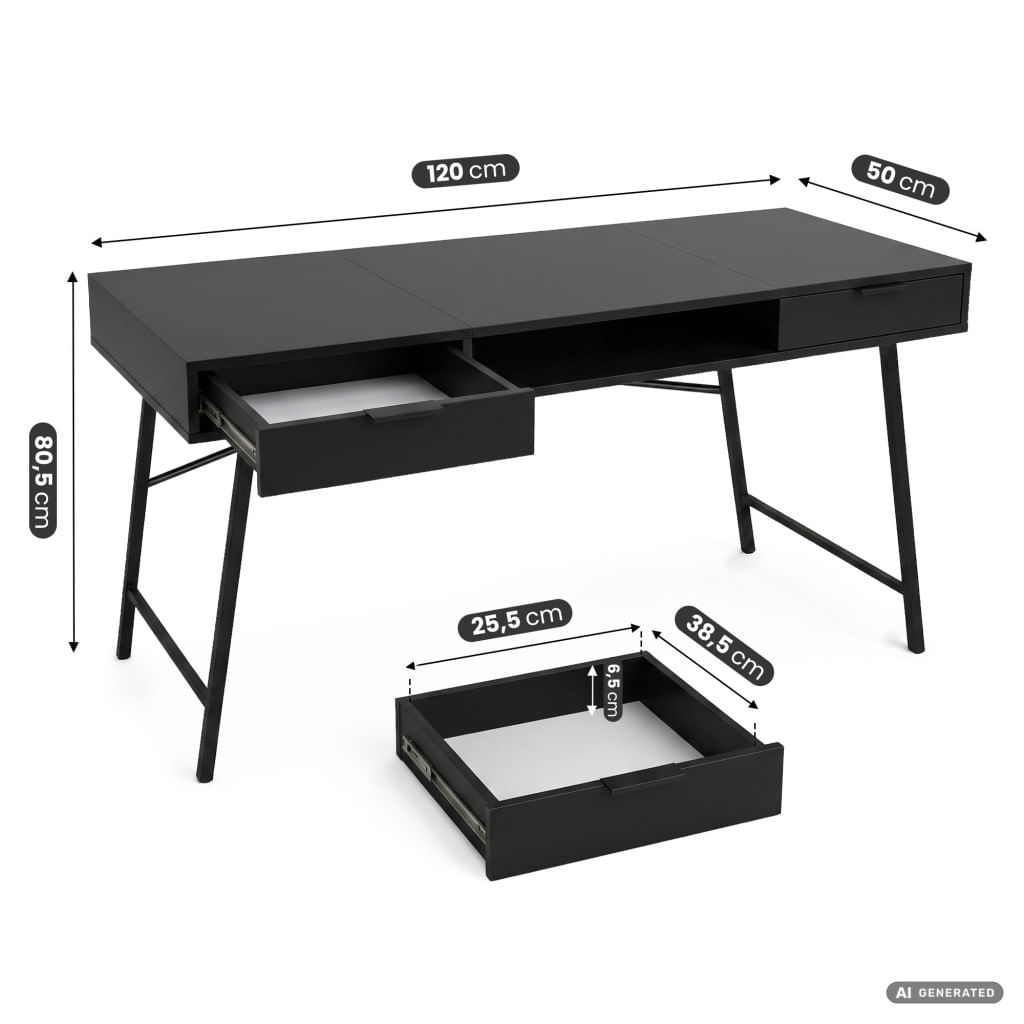 Birou industrial, MDF melaminat, cu 2 sertare si raft, cadru metalic, 120x50x81 cm, negru — imaginea 6