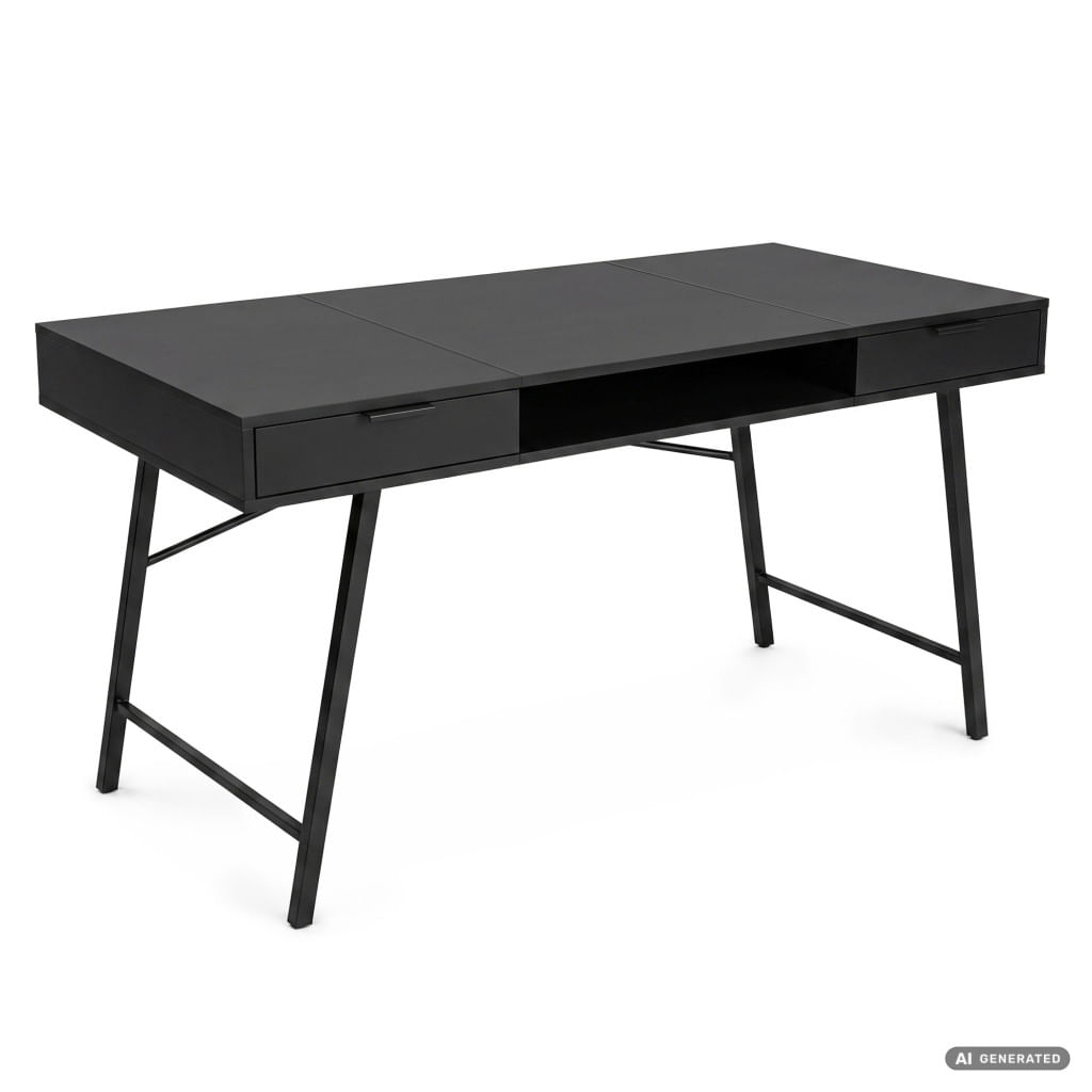 Birou industrial, MDF melaminat, cu 2 sertare si raft, cadru metalic, 120x50x81 cm, negru — imaginea 7