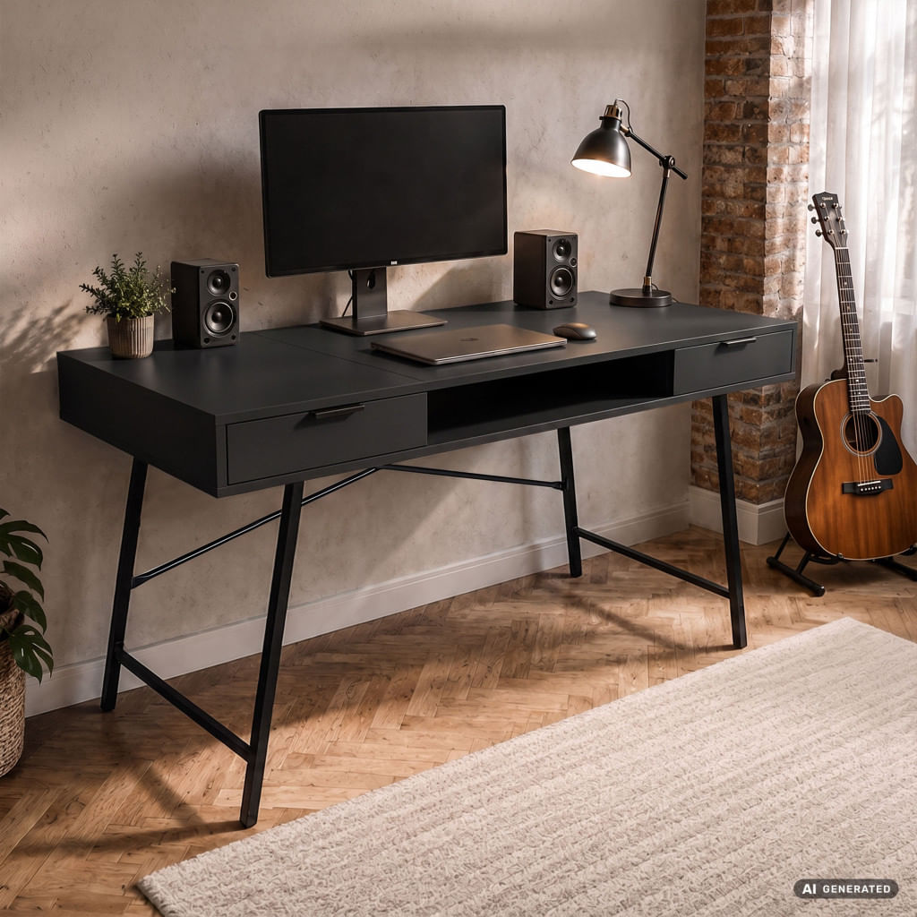 Birou industrial, MDF melaminat, cu 2 sertare si raft, cadru metalic, 120x50x81 cm, negru — imaginea 8