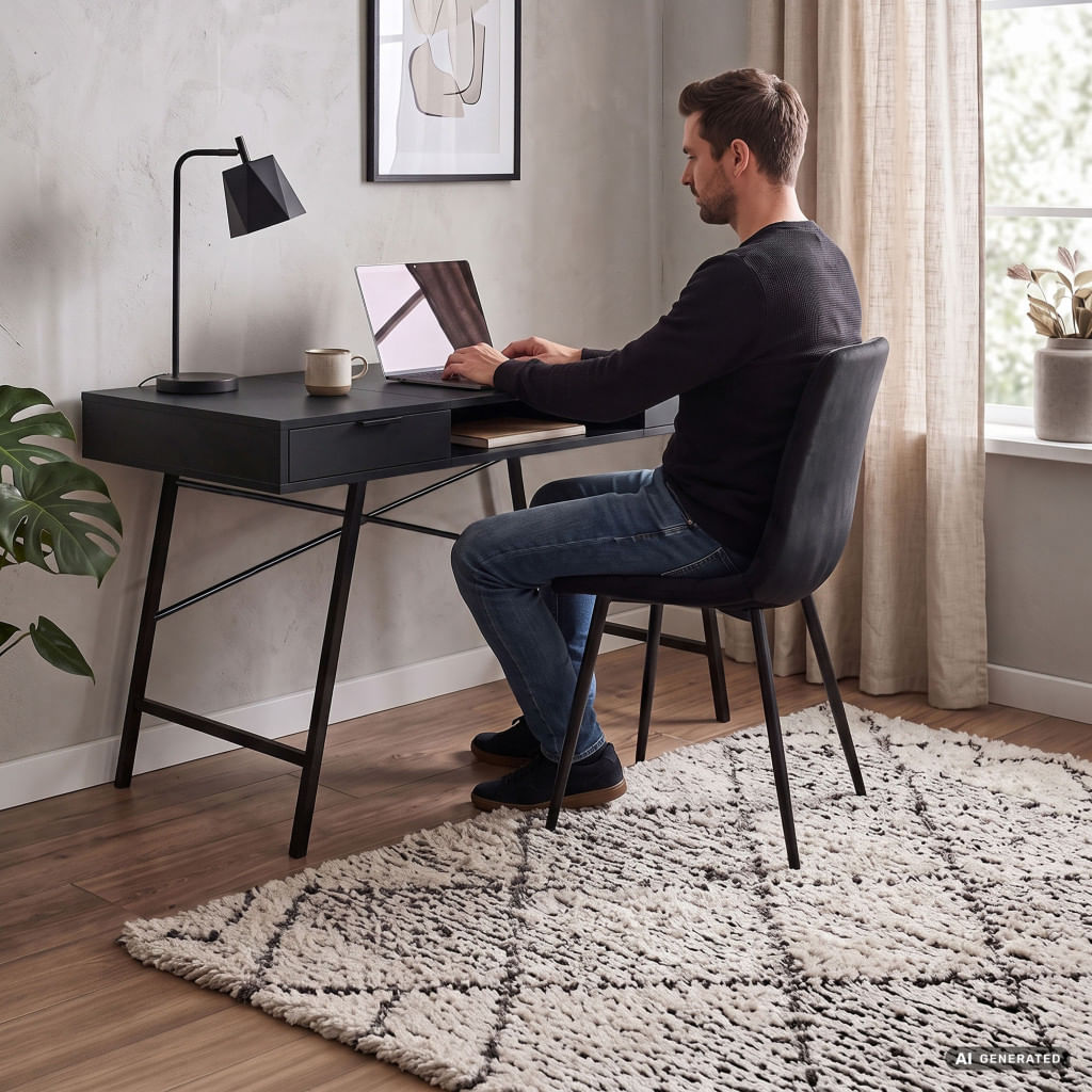 Birou industrial, MDF melaminat, cu 2 sertare si raft, cadru metalic, 120x50x81 cm, negru — imaginea 9