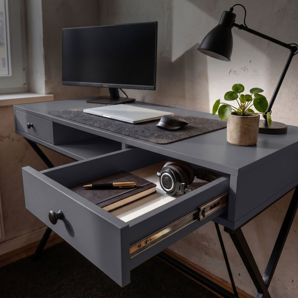 Birou stil industrial, MDF melaminat, cu 2 sertare si raft, cadru metalic, 120x50x81 cm, gri grafit — imaginea 3