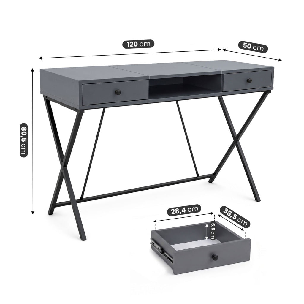 Birou stil industrial, MDF melaminat, cu 2 sertare si raft, cadru metalic, 120x50x81 cm, gri grafit — imaginea 4