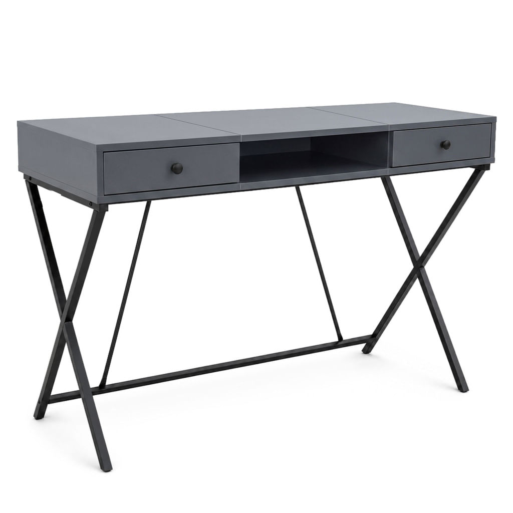 Birou stil industrial, MDF melaminat, cu 2 sertare si raft, cadru metalic, 120x50x81 cm, gri grafit — imaginea 5