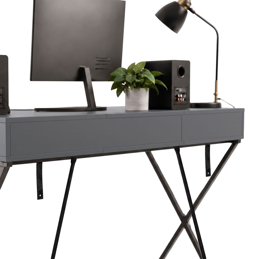 Birou stil industrial, MDF melaminat, cu 2 sertare si raft, cadru metalic, 120x50x81 cm, gri grafit — imaginea 6