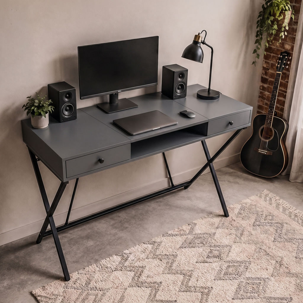 Birou stil industrial, MDF melaminat, cu 2 sertare si raft, cadru metalic, 120x50x81 cm, gri grafit — imaginea 7