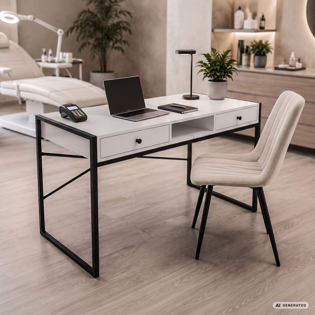 Birou stil industrial, MDF melaminat, cu 2 sertare si raft, cadru metalic, 123x48x81 cm, alb — imaginea 2