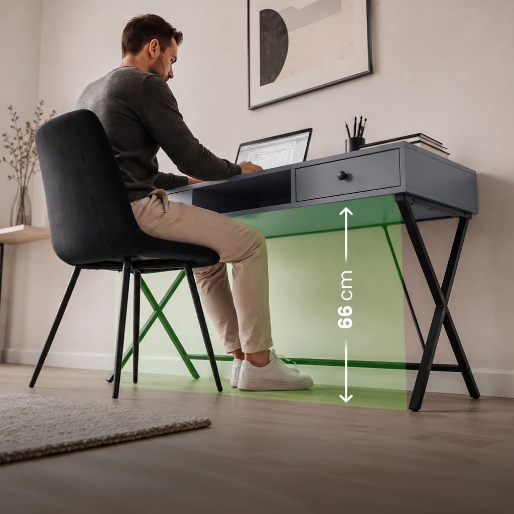 Birou stil industrial, MDF melaminat, cu 2 sertare si raft, cadru metalic, 120x50x81 cm, gri grafit — imaginea 8