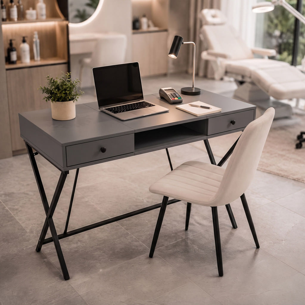 Birou stil industrial, MDF melaminat, cu 2 sertare si raft, cadru metalic, 120x50x81 cm, gri grafit — imaginea 9
