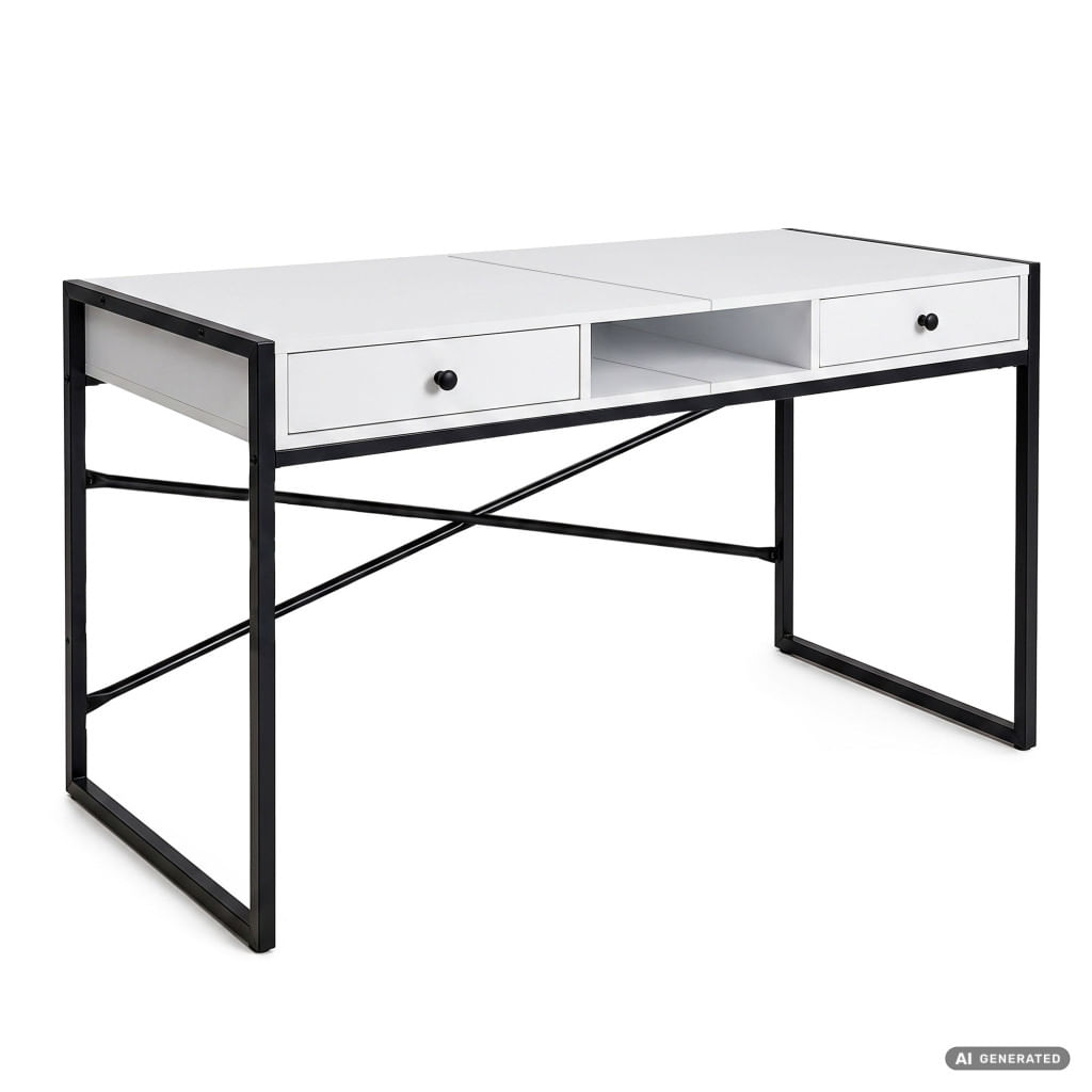 Birou stil industrial, MDF melaminat, cu 2 sertare si raft, cadru metalic, 123x48x81 cm, alb — imaginea 5