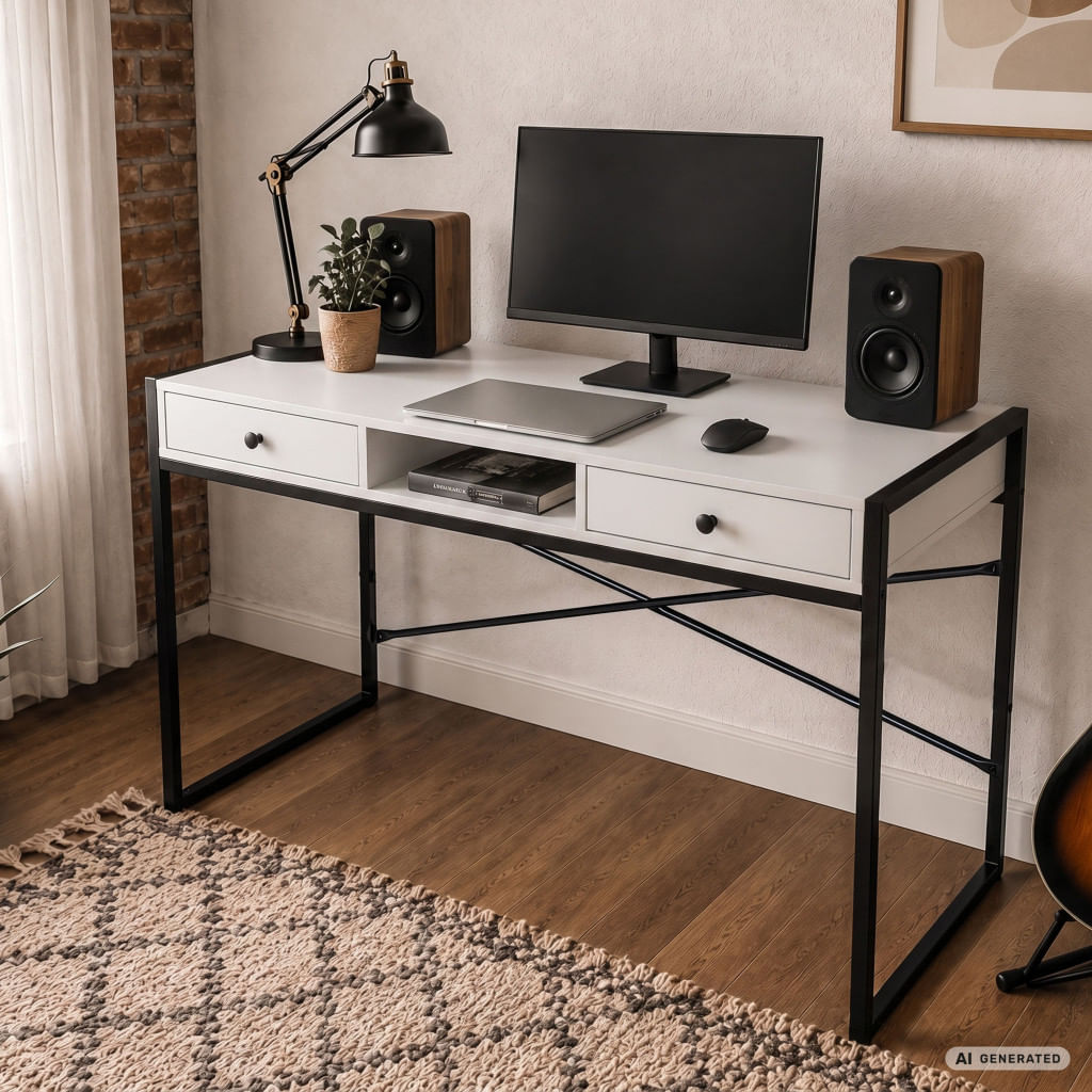 Birou stil industrial, MDF melaminat, cu 2 sertare si raft, cadru metalic, 123x48x81 cm, alb — imaginea 6
