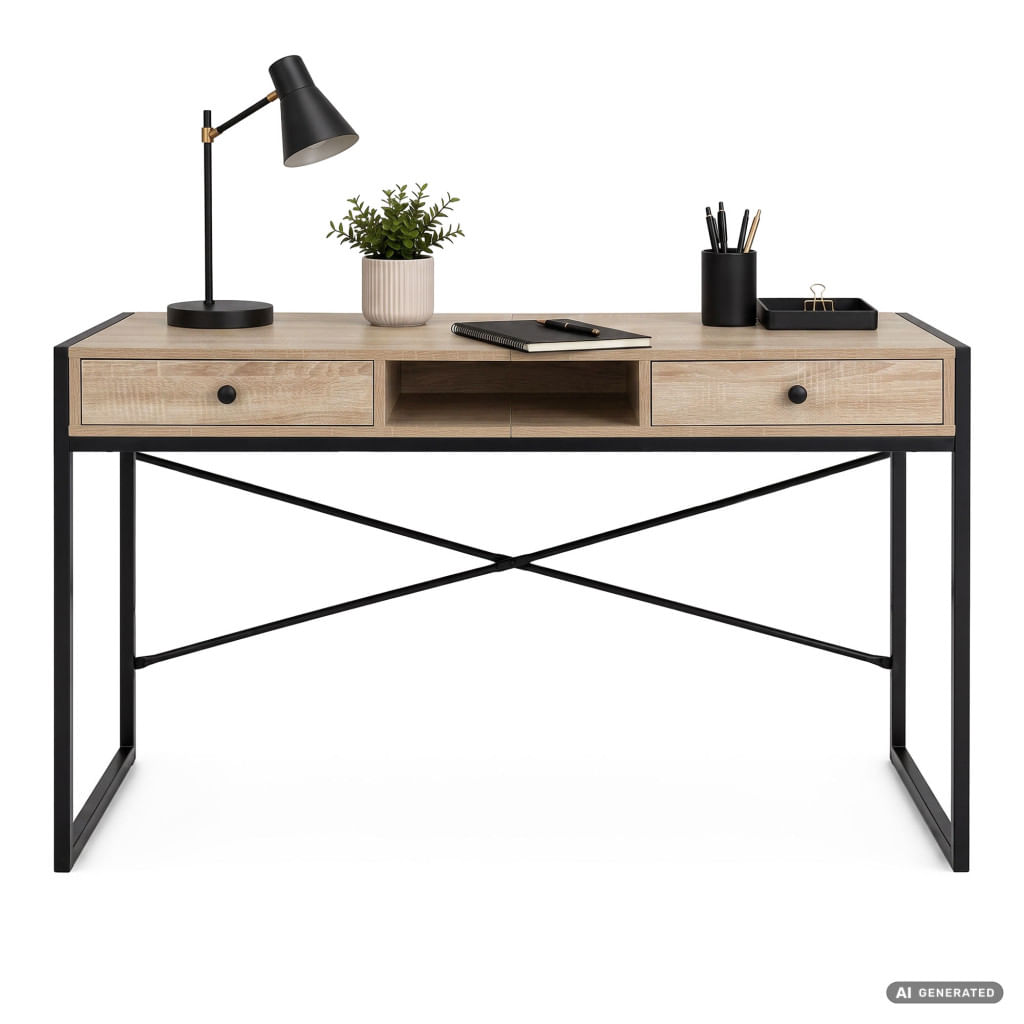 Birou stil industrial, MDF melaminat, cu 2 sertare si raft, cadru metalic, 123x48x81 cm, stejar sonoma — imaginea 2