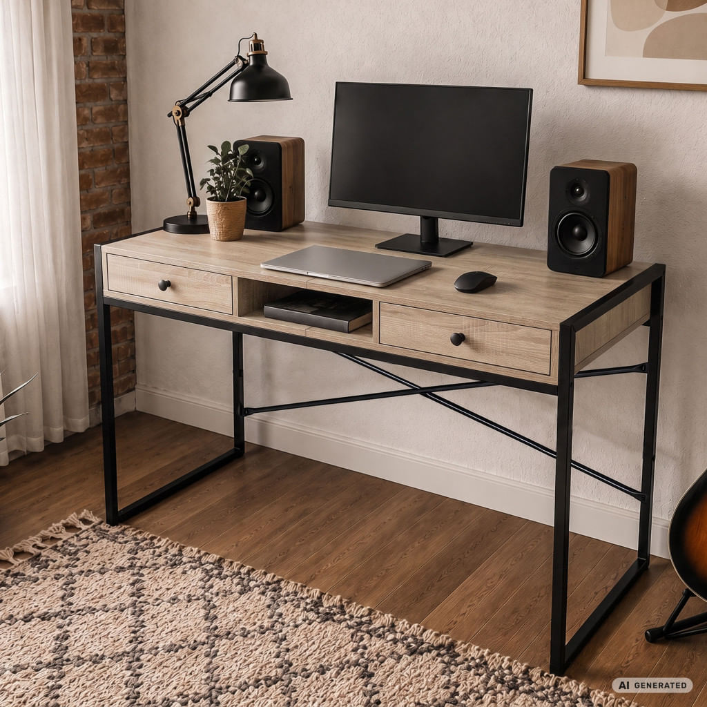 Birou stil industrial, MDF melaminat, cu 2 sertare si raft, cadru metalic, 123x48x81 cm, stejar sonoma — imaginea 3
