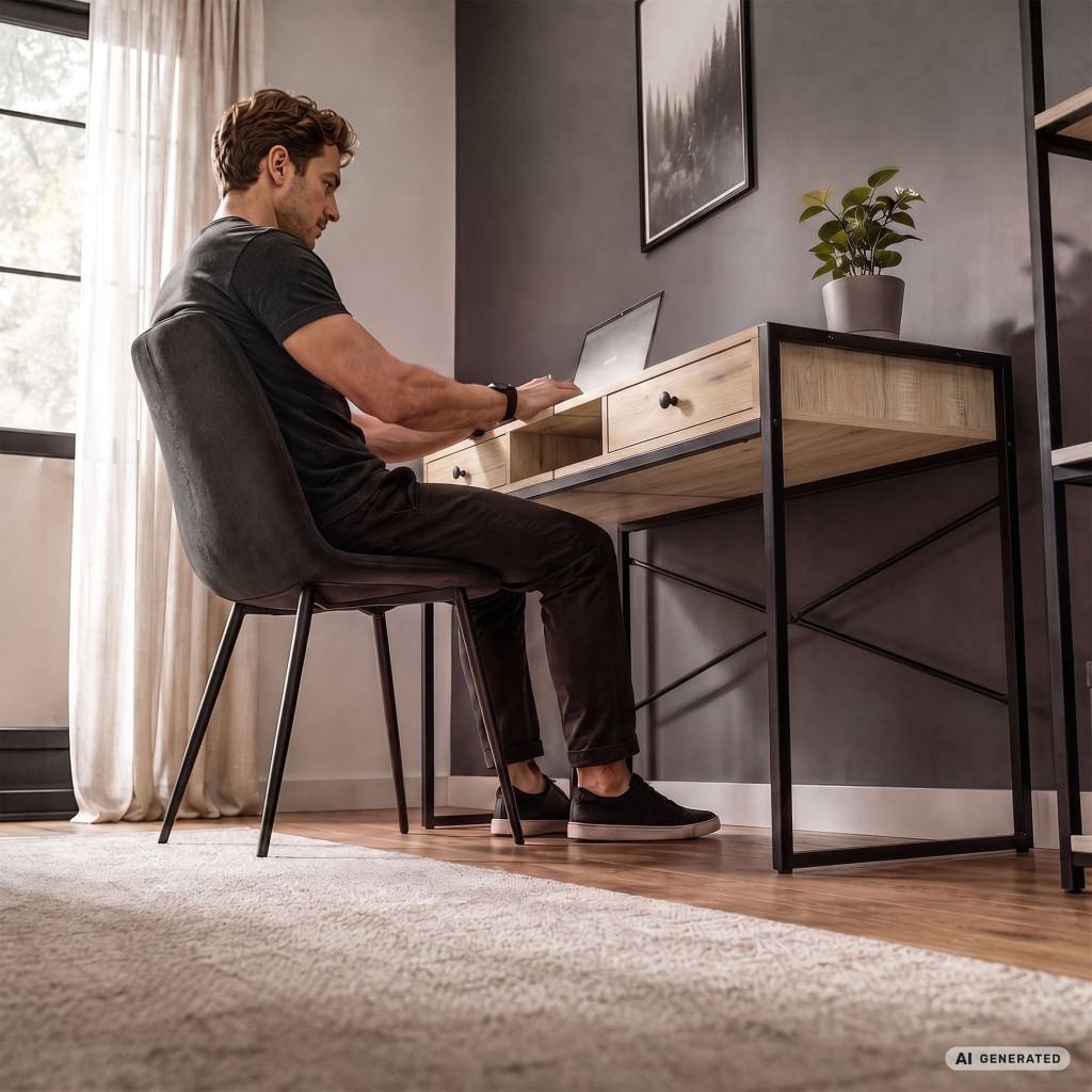 Birou stil industrial, MDF melaminat, cu 2 sertare si raft, cadru metalic, 123x48x81 cm, stejar sonoma — imaginea 4