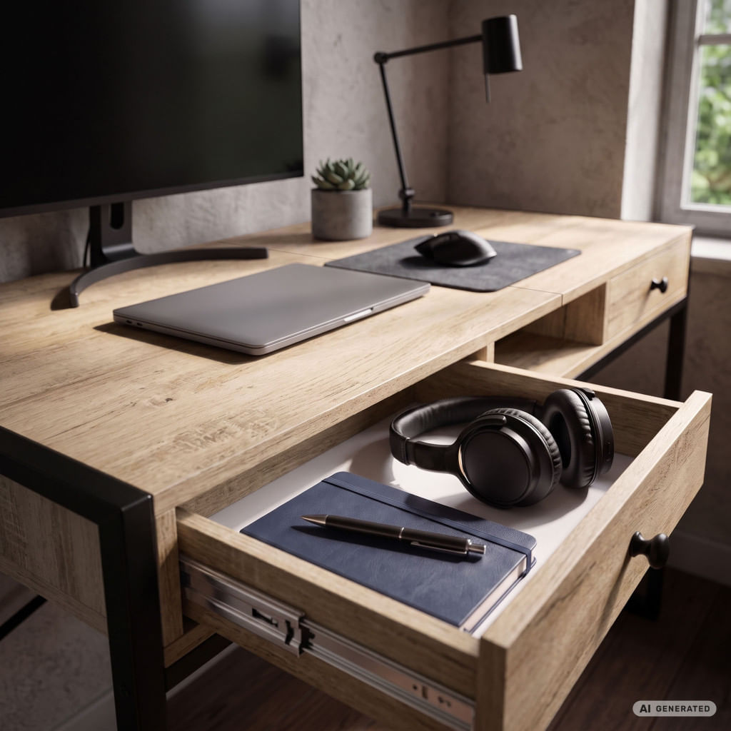 Birou stil industrial, MDF melaminat, cu 2 sertare si raft, cadru metalic, 123x48x81 cm, stejar sonoma — imaginea 5
